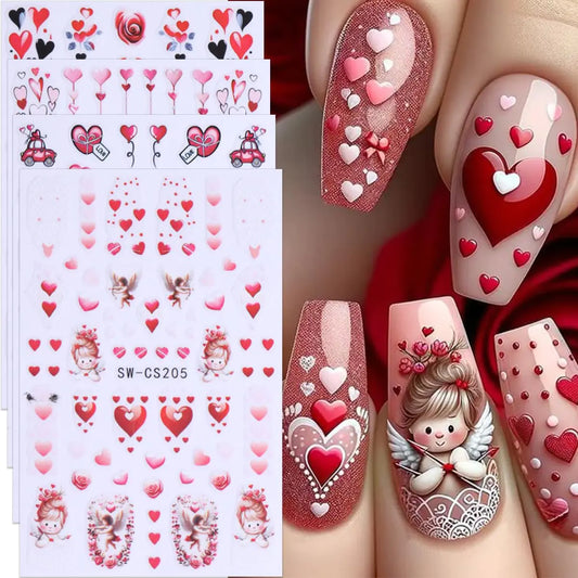 Heart Nail Stickers Valentine 3D Self-Adhesive Decals 8PCS Rose Cupid