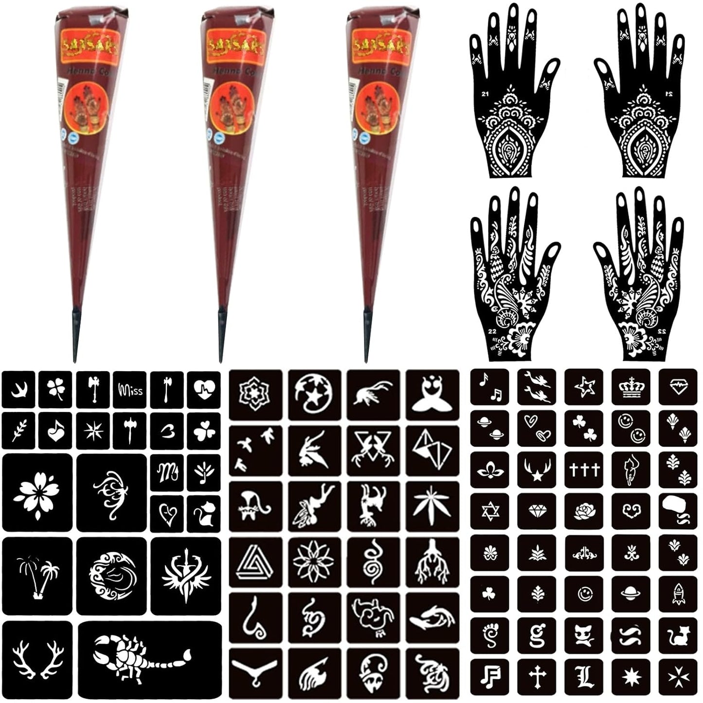 Temporary Henna Tattoo Kit – 3 Cones + 101 Stencils