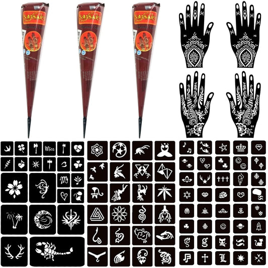 Temporary Henna Tattoo Kit – 3 Cones + 101 Stencils