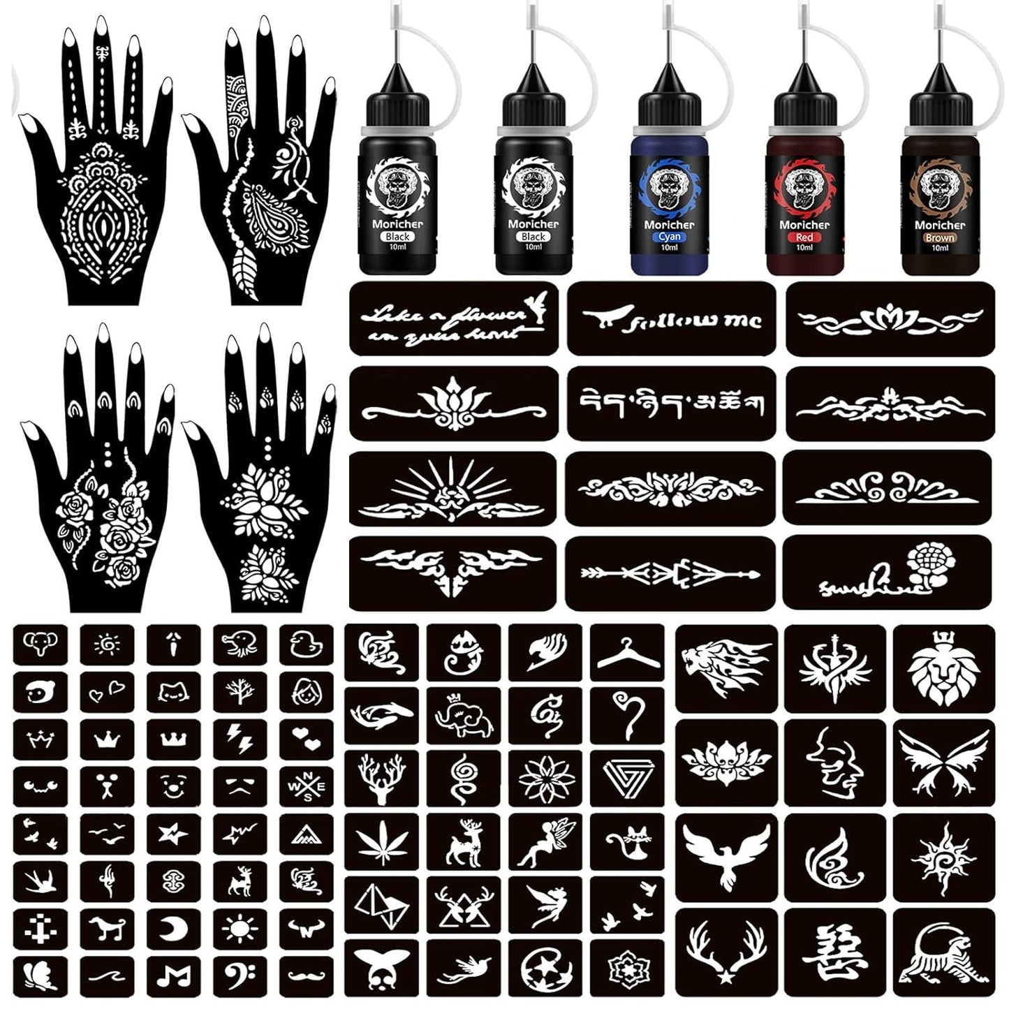 Temporary Henna Tattoo Kit – 3 Cones + 101 Stencils